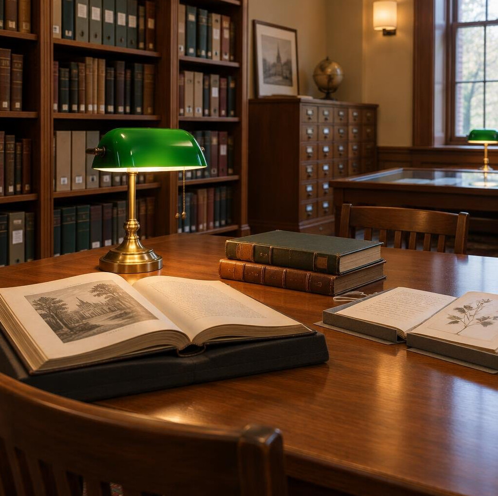 Reading room with wooden table and lamp