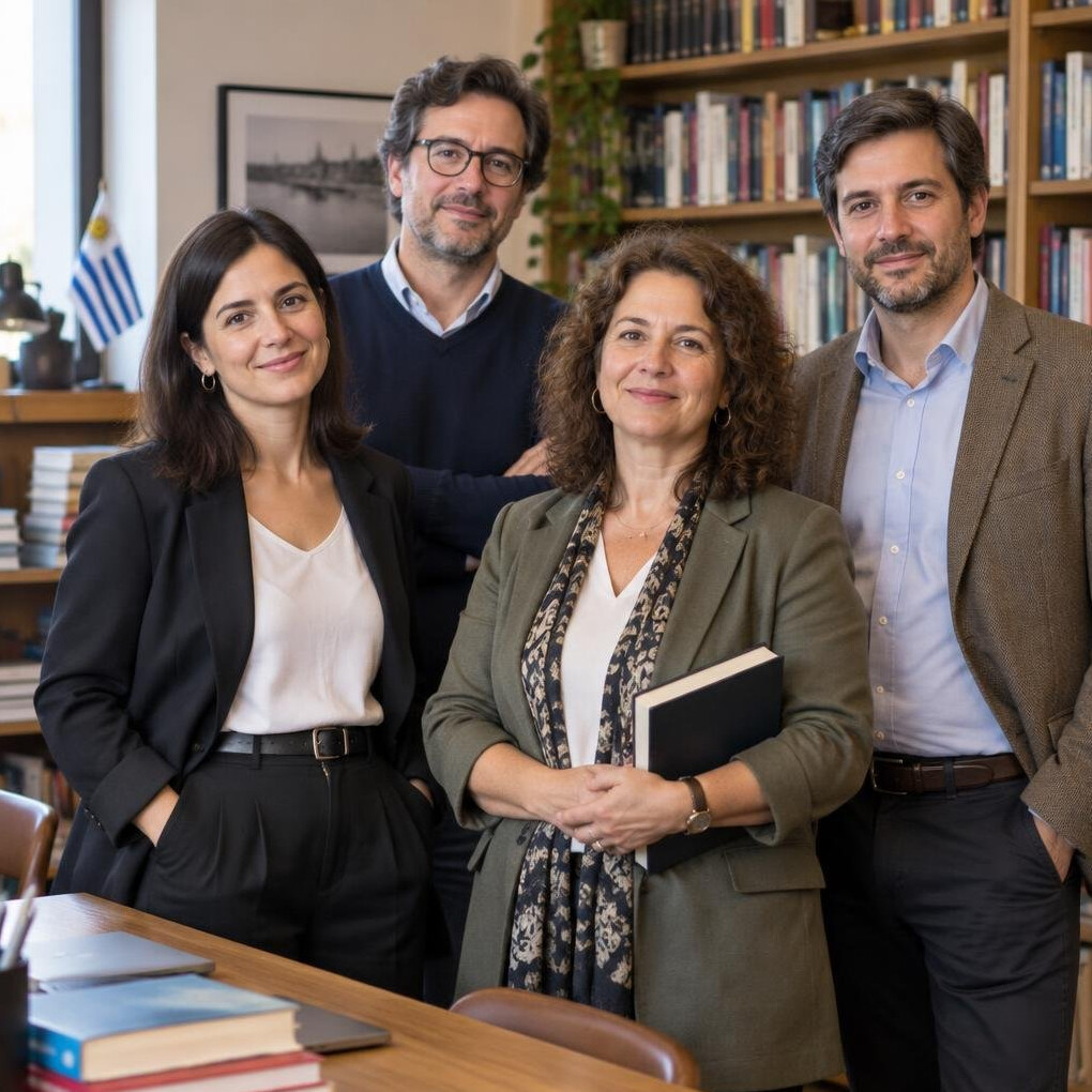 Group of four professional editors standing together in an office
