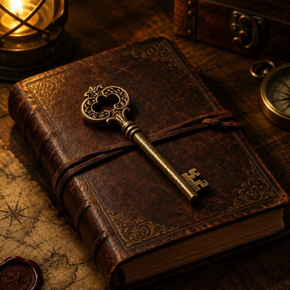 Vintage key resting on an old leather journal