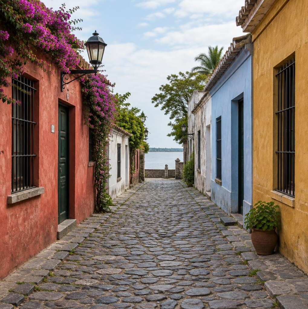 Narrow cobblestone alley with old colonial houses